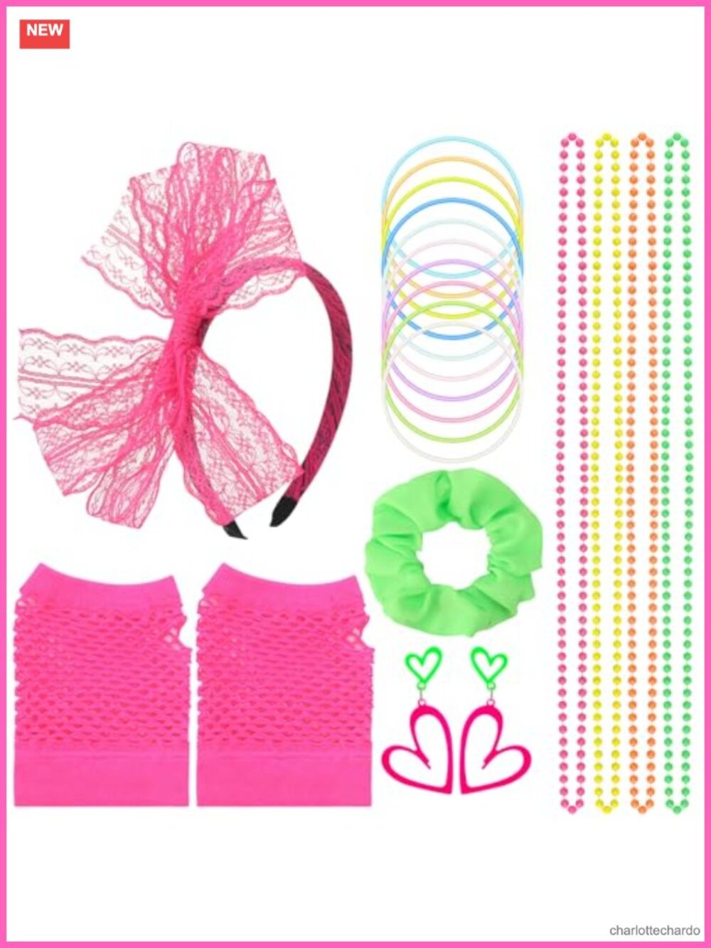80s Costume Accessory Set Lace Headband Fishnet Gloves Bracelets